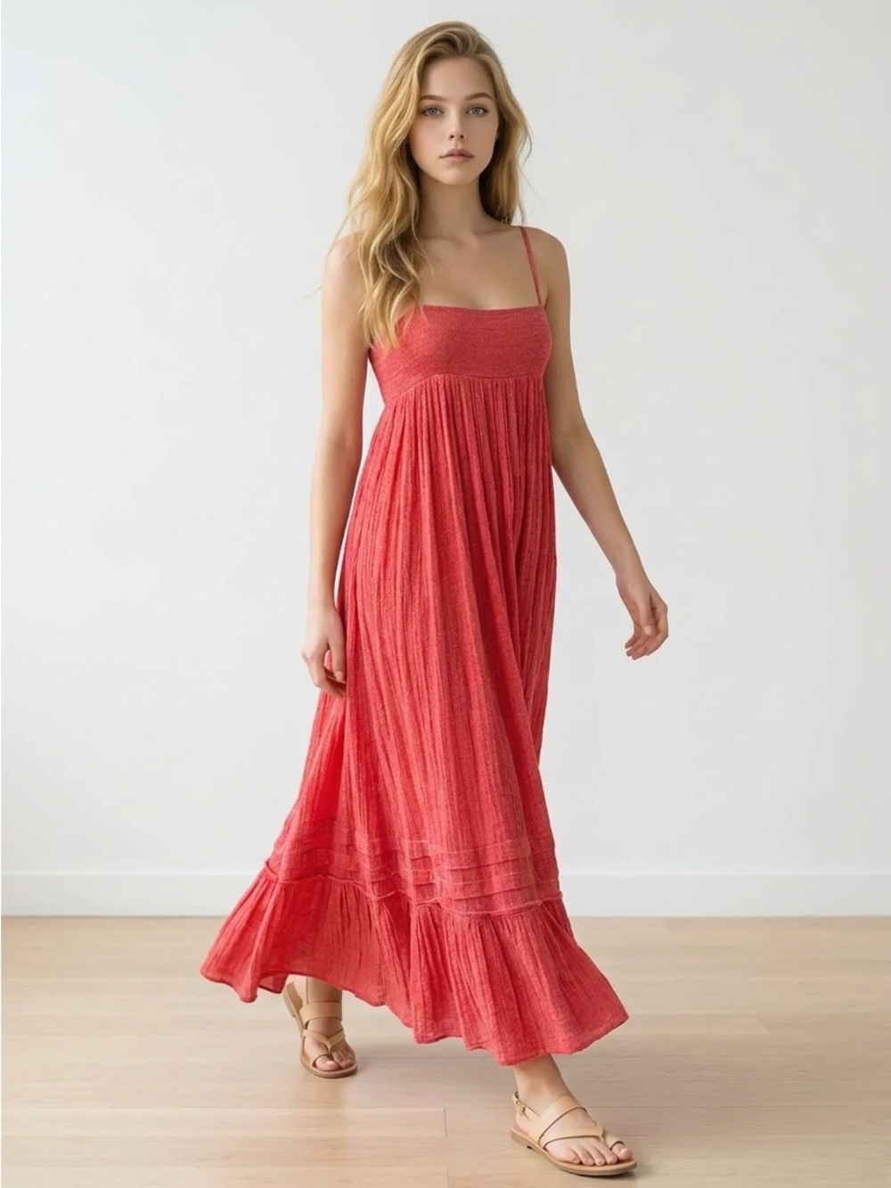 Free People Santorini Spaghetti Strap Maxi Dress in Coral